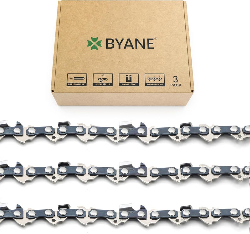 Byane سلسلة منشار كهربائي 18 بوصة، 3/8" LP Pitch، 050" Gauge، 62 رابط قيادة، منخفض الارتداد، تناسب Poulan 4018، 4218، Echo CS-400، CS-3400، Ego CS1800 والمزيد - S62 (3 سلاسل) - Image 1